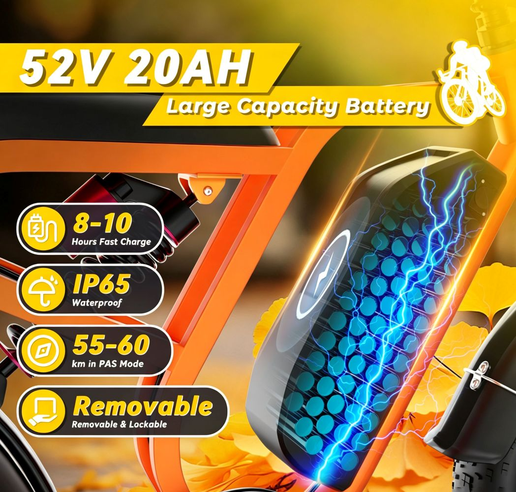 Batteria per e-bike con grafiche di energia blu, specifiche e icone per 52V 20Ah, carica e autonomia.