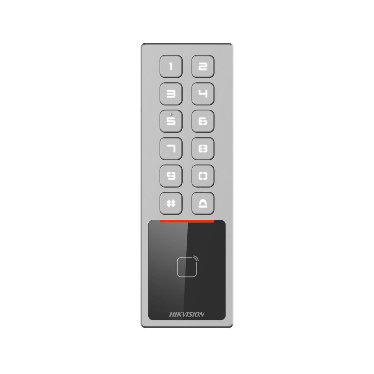 Una tastiera Hikvision argentata con tastierino numerico e lettore di carte nero.