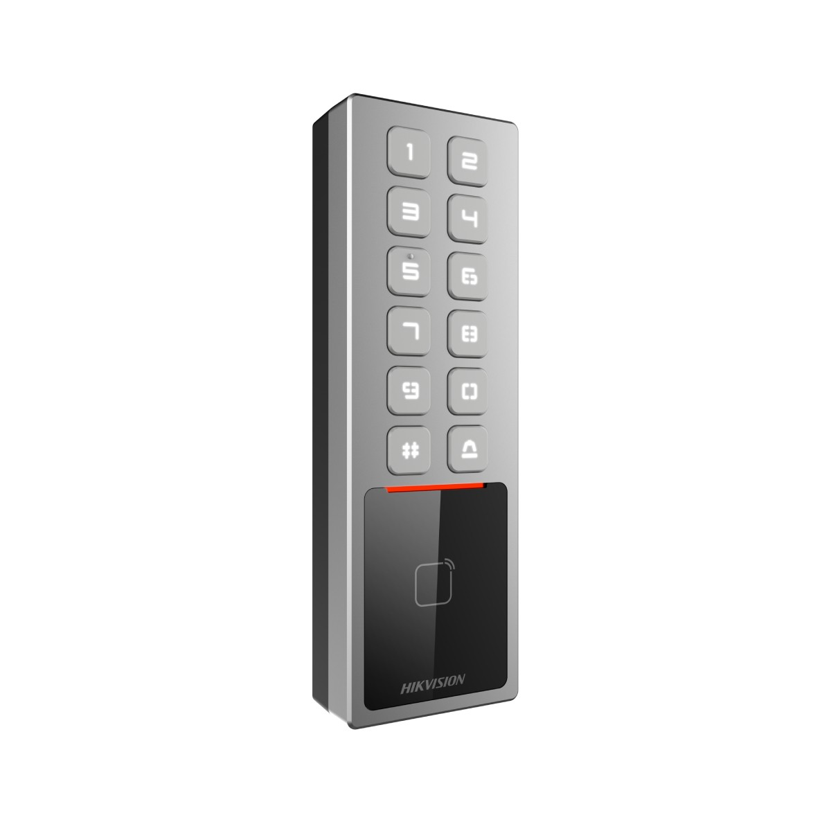 Una tastiera e lettore RFID Hikvision argento con pulsanti illuminati e una striscia LED rossa.
