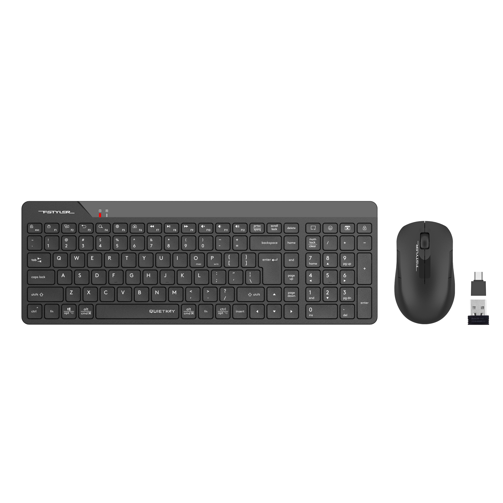 Siyah arka planda siyah kablosuz klavye, fare ve USB alıcı.