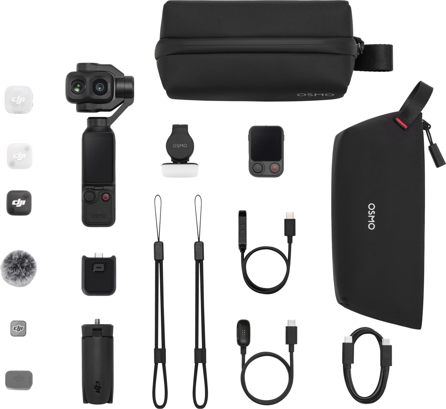 Beyaz zemin üzerine yerleştirilmiş aksesuarlar, kılıflar, bağlantılar, kablolar ve kayışlarla DJI Osmo kamera.