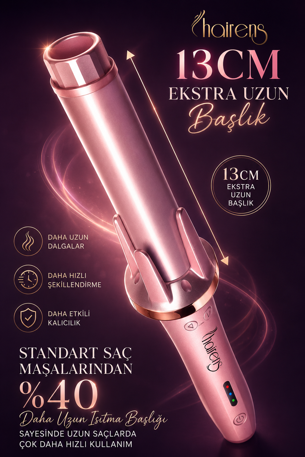 Koyu arka plan üzerinde 13 cm ekstra uzun başlıklı ve parlak detaylı pembe saç maşası.