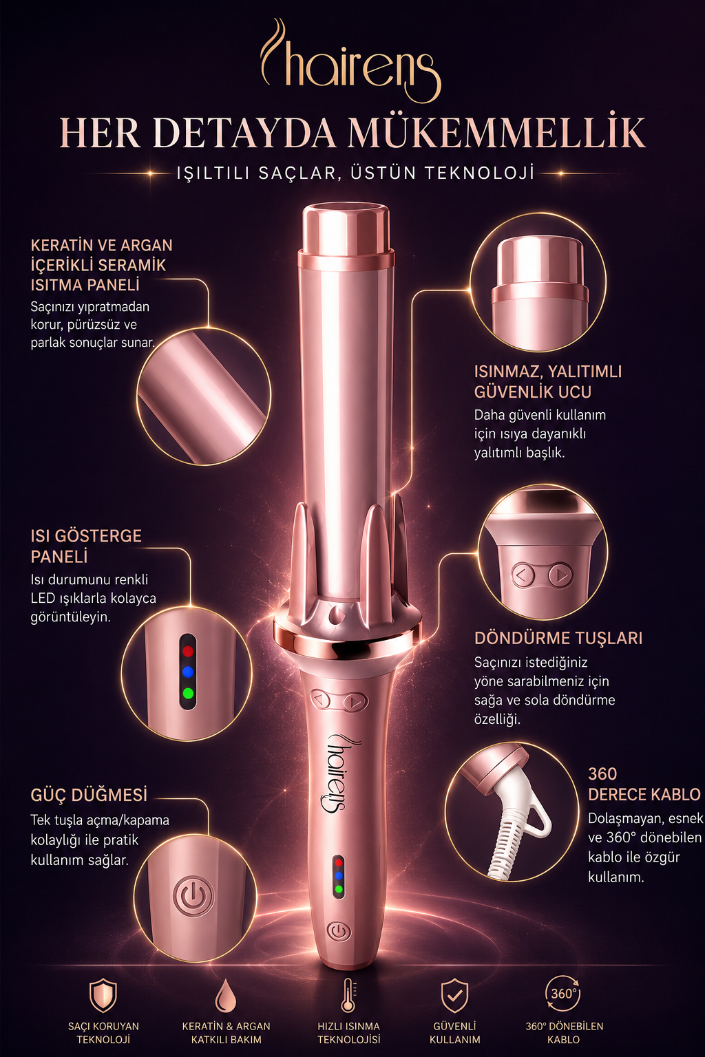 LED ekran ve döner kablo gibi çeşitli özellikleri vurgulanan pembe altın saç maşası.