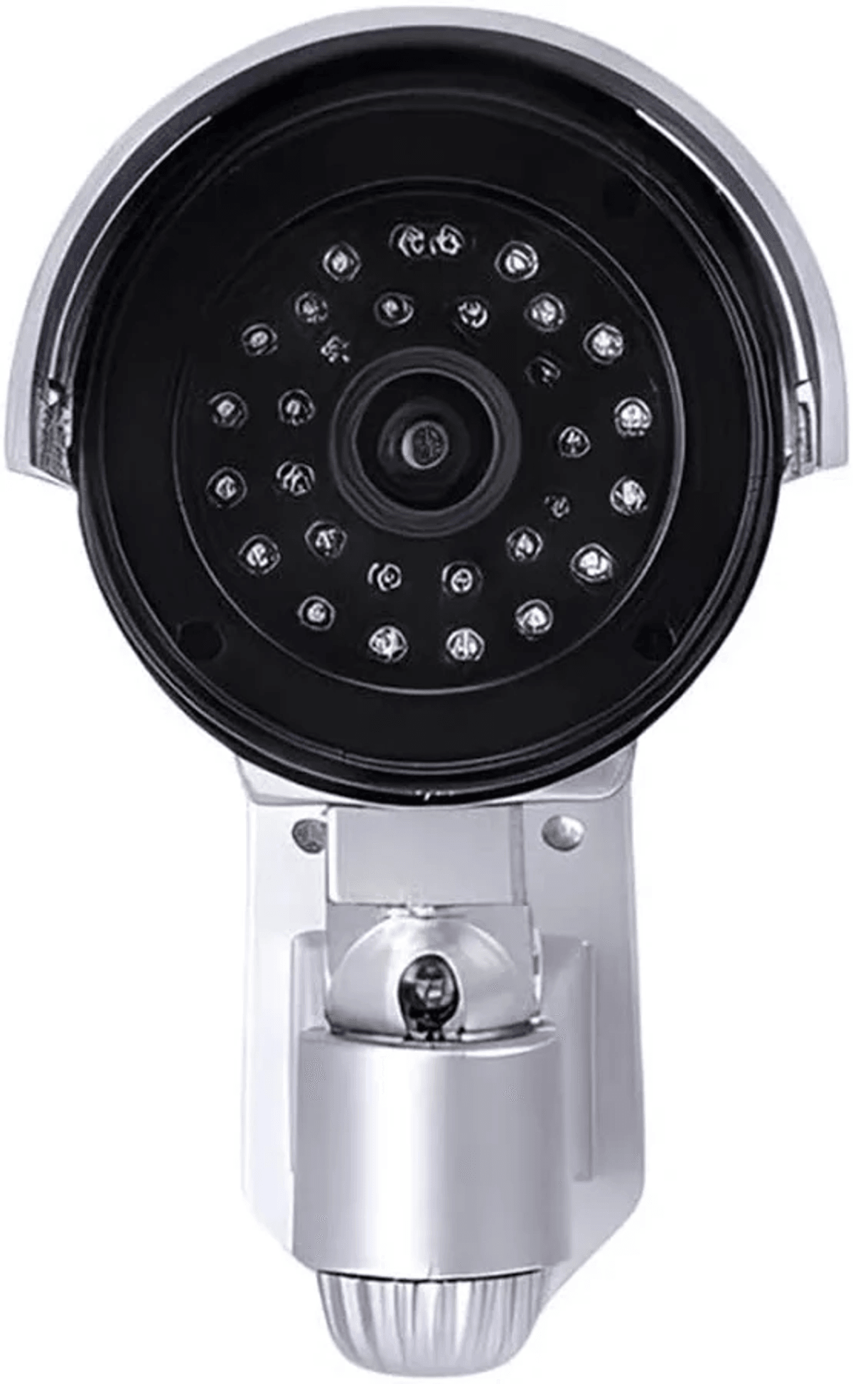 Une caméra de sécurité argentée avec un objectif central entouré de lumières LED infrarouges.