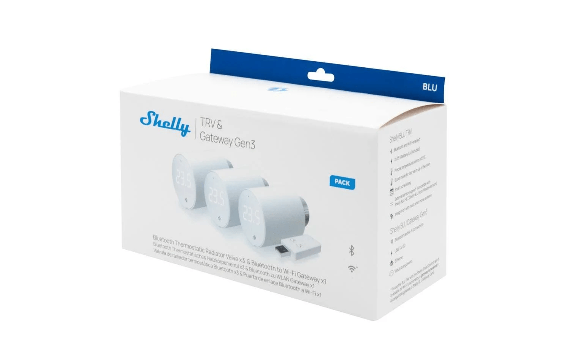 Caja de producto Shelly blanca que muestra tres válvulas termostáticas de radiador y una pasarela en el frente.
