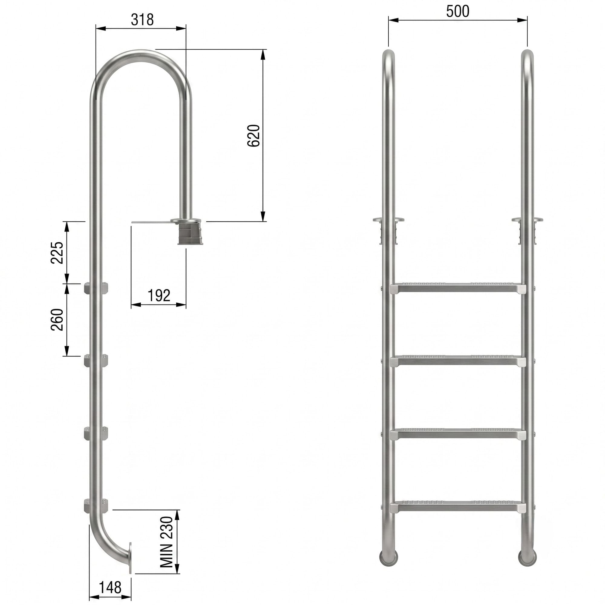 Dibujo técnico de una escalera de piscina de acero inoxidable de cuatro peldaños con cotas en mm.