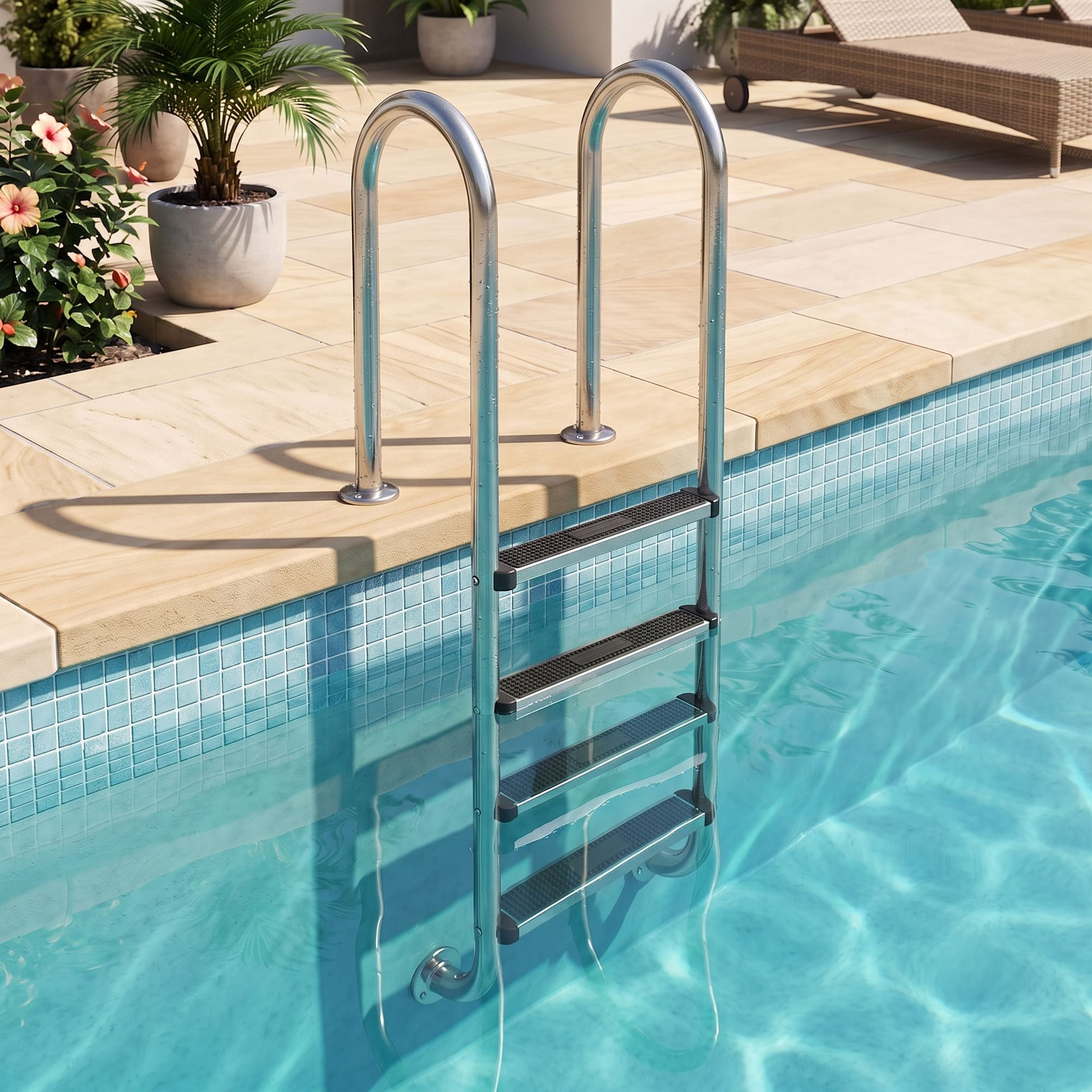 Una escalera de piscina de acero inoxidable con cuatro peldaños conduce al agua azul.