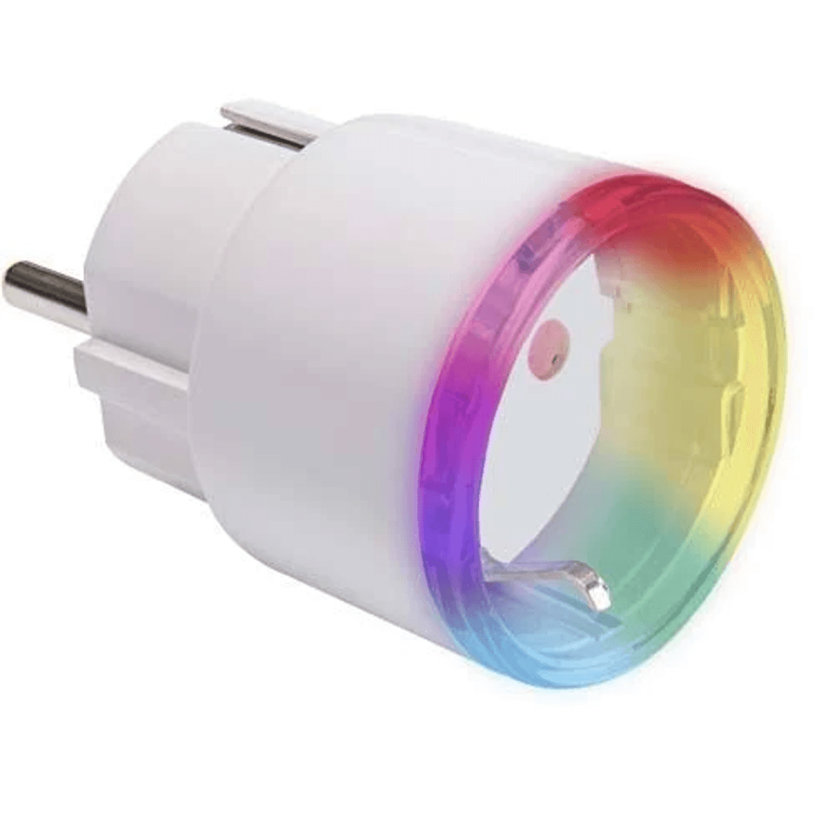 Una spina elettrica bianca con un anello LED arcobaleno sulla parte anteriore su sfondo bianco.