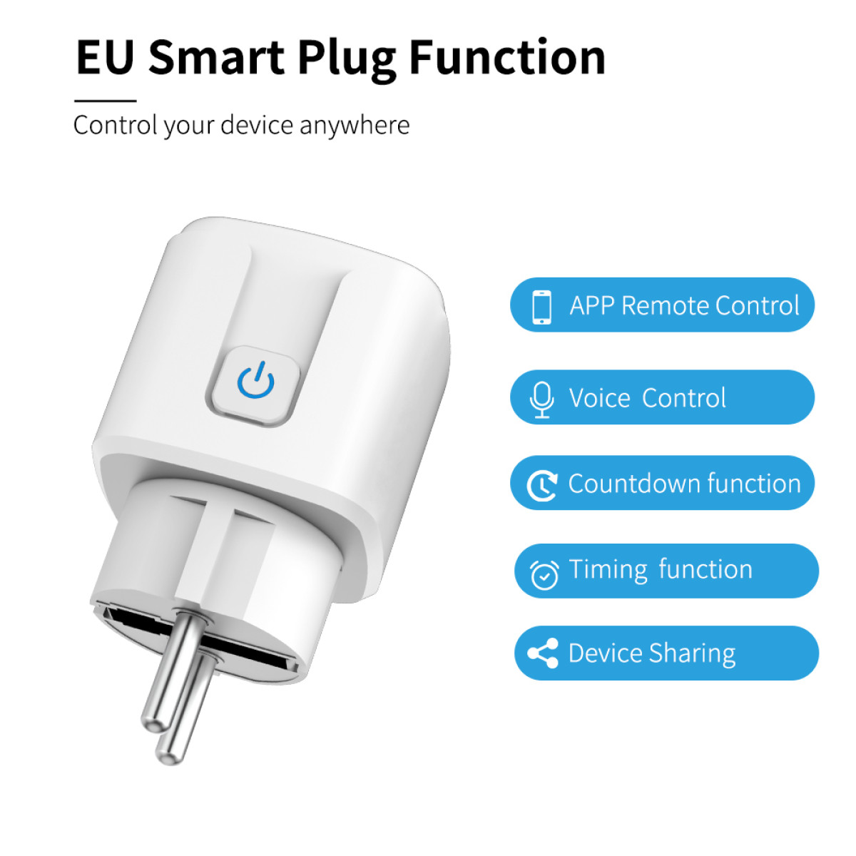 Una presa smart EU bianca con pulsante di accensione e icone blu a destra.