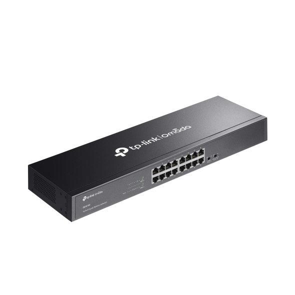 Uno switch di rete TP-Link nero con porte ethernet e spie luminose su sfondo bianco.