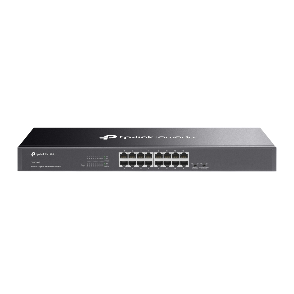 Uno switch di rete gigabit nero a sedici porte TP-Link su sfondo bianco.