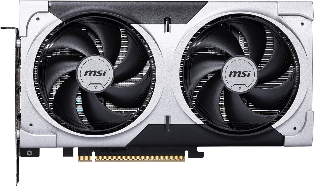 Gümüş ve siyah kasalı, iki büyük fanlı MSI grafik kartı.