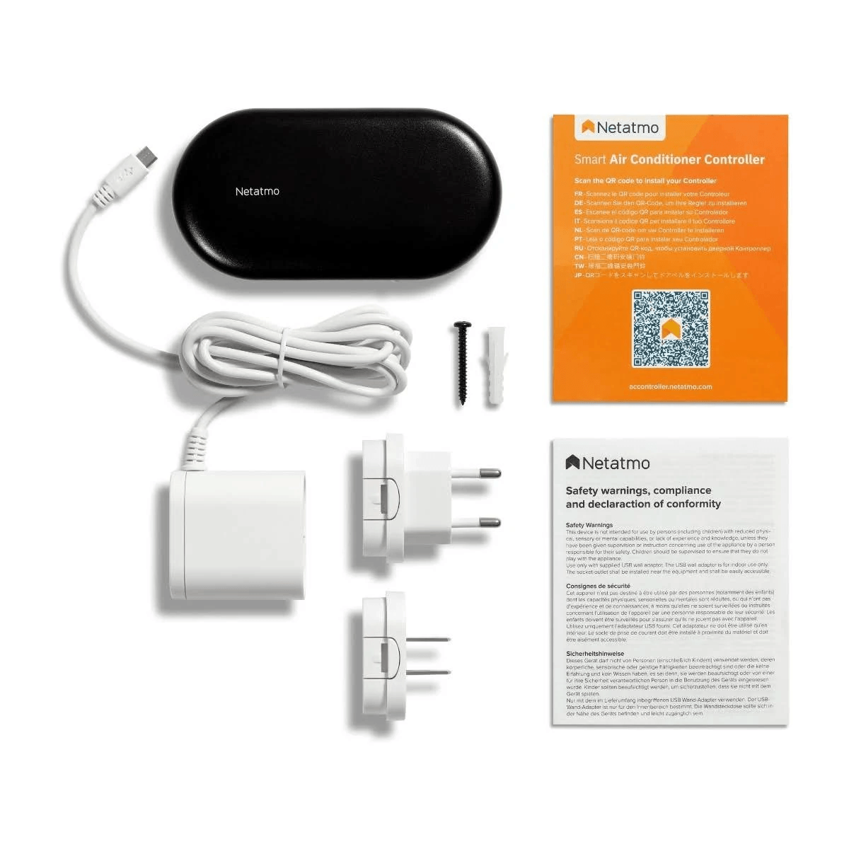Controlador de aire acondicionado inteligente Netatmo con cable de alimentación, adaptadores y manuales.