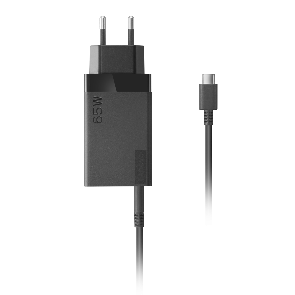 Siyah arka planda Avrupa tipi fişli ve USB kablolu siyah 65W Lenovo güç adaptörü.