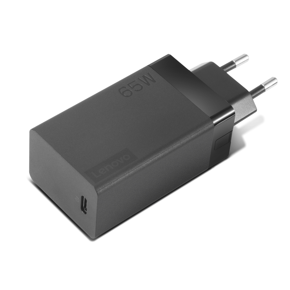 Siyah arka plan üzerinde siyah Lenovo 65W USB-C şarj cihazı.