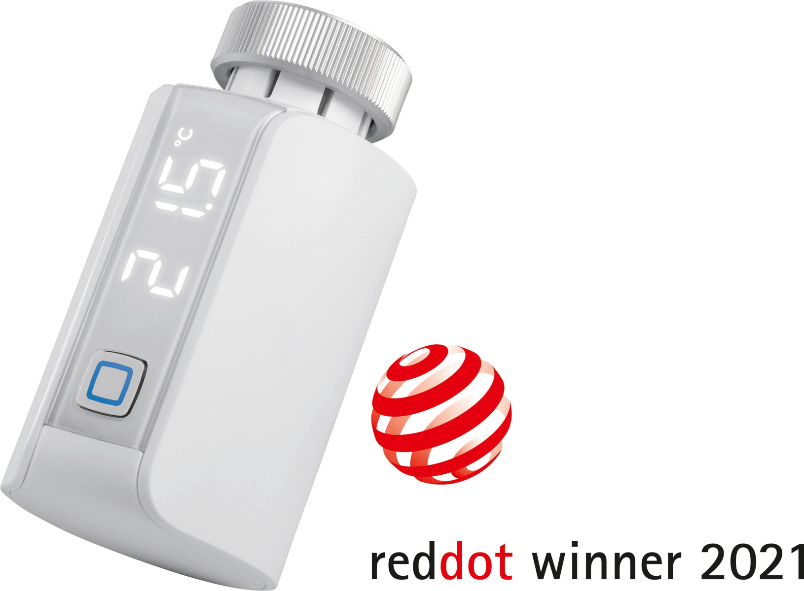 Weißes Thermostat mit digitalem Display, das 21.5 Grad Celsius anzeigt, und rotem Red Dot Winner 2021 Logo.