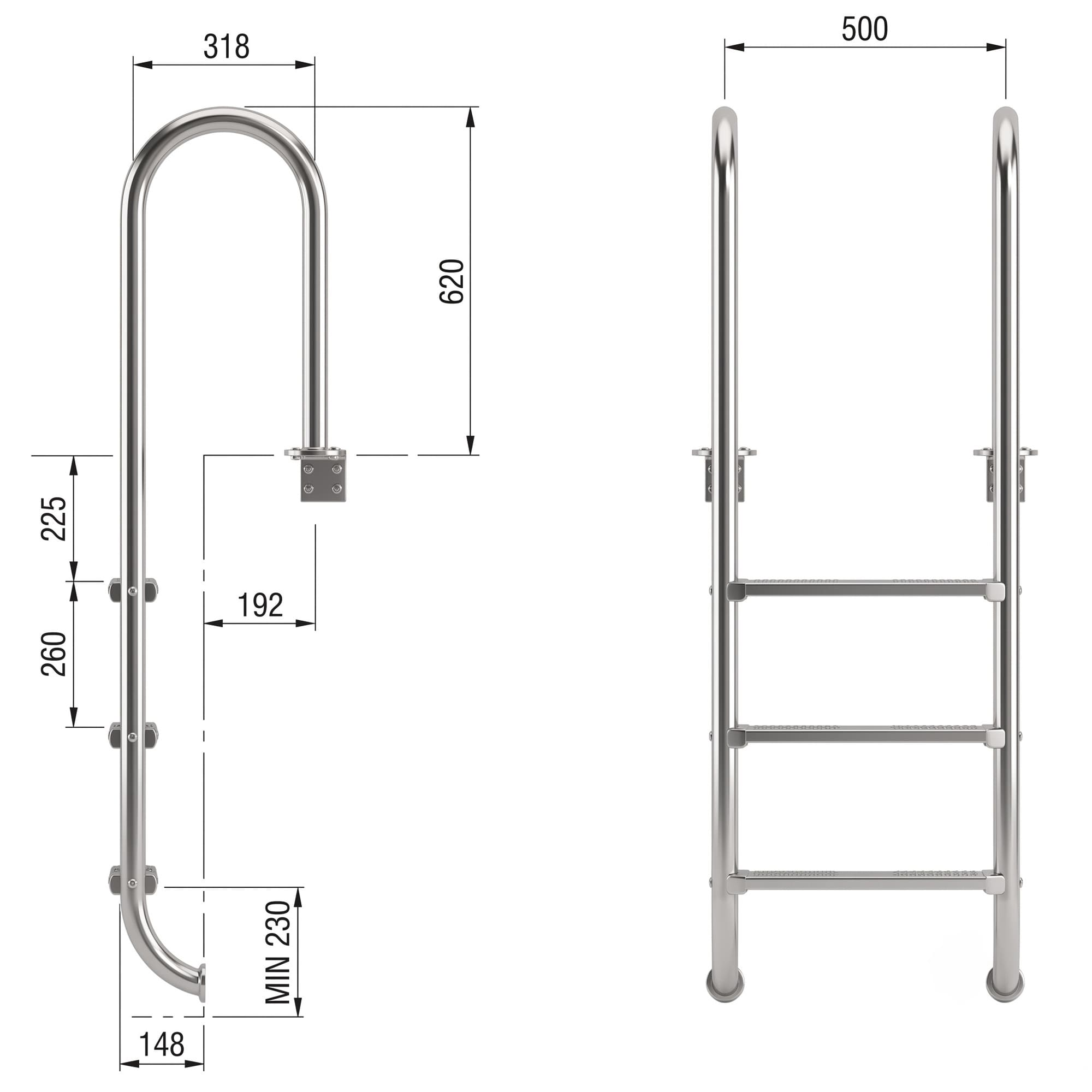 Dibujo técnico de una escalera de piscina de acero inoxidable con dimensiones en milímetros, vista frontal y lateral.