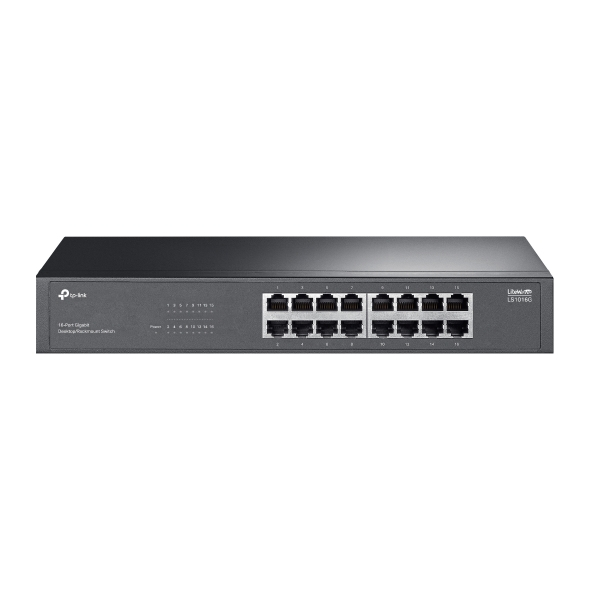 LED göstergeli ve numaralandırılmış Ethernet portlu siyah TP-Link 16 portlu gigabit switch.