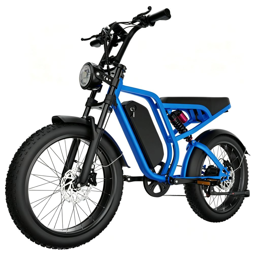 Una bici elettrica blu con pneumatici larghi, batteria nera e faro su sfondo bianco.