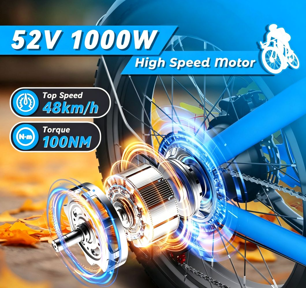 Grafica di e-bike blu con motore 52V 1000W, velocità di 48 km/h e coppia di 100 Nm.