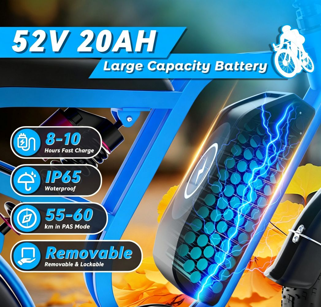 Batteria per bici elettrica da 52V 20Ah, ricarica rapida, impermeabilità IP65 e design rimovibile.