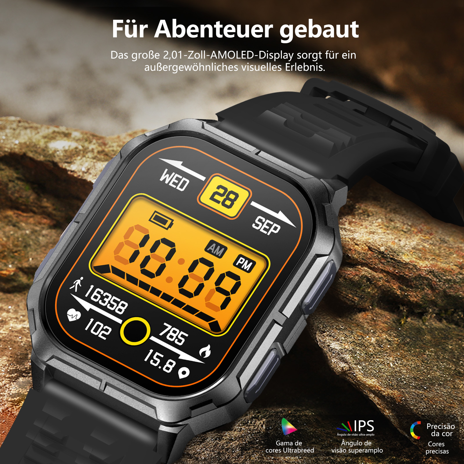 Robuste Smartwatch mit digitalem, orange-schwarzem Display, auf einem felsigen Hintergrund.