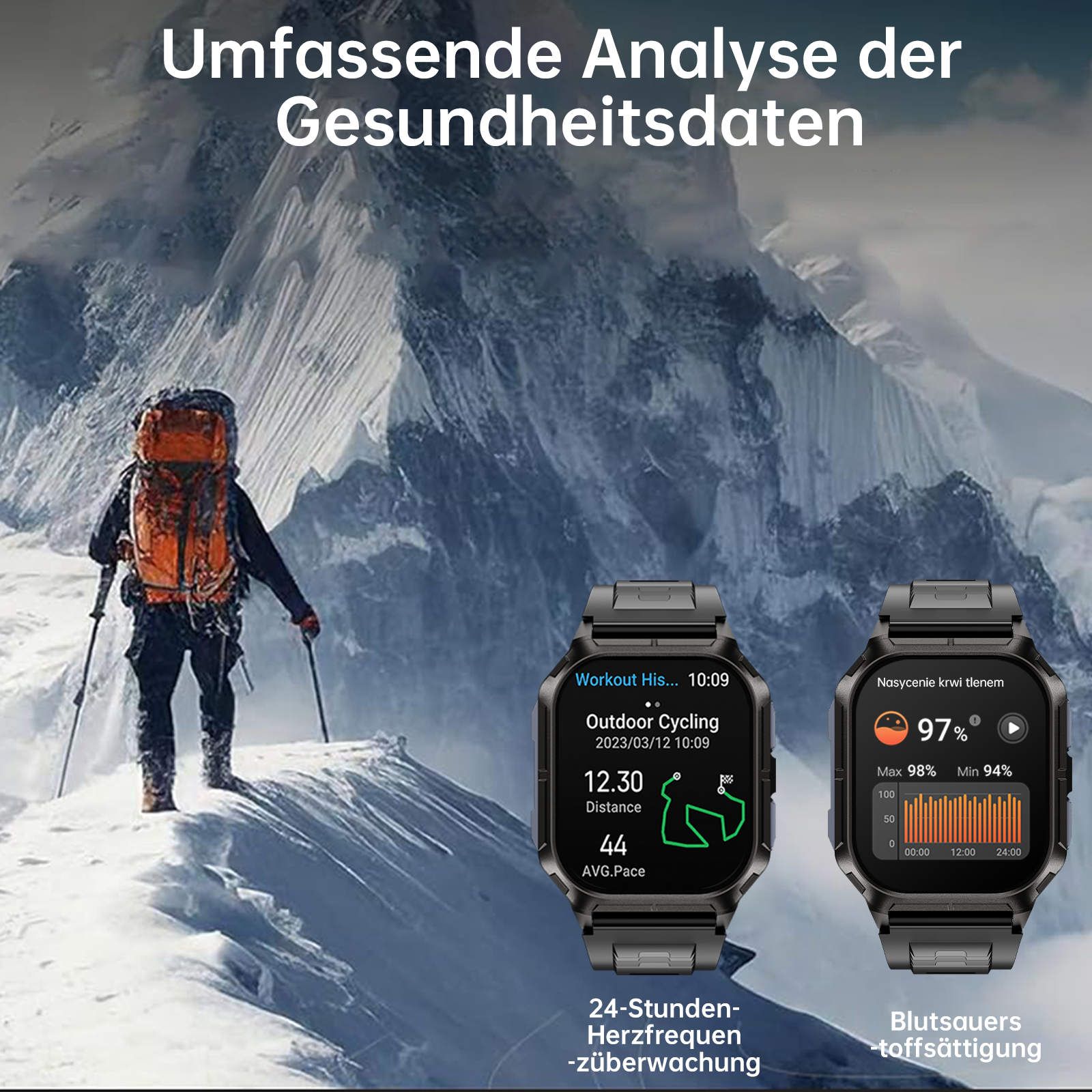 Wanderer im Schnee mit zwei Smartwatches, die Gesundheitsdaten anzeigen.