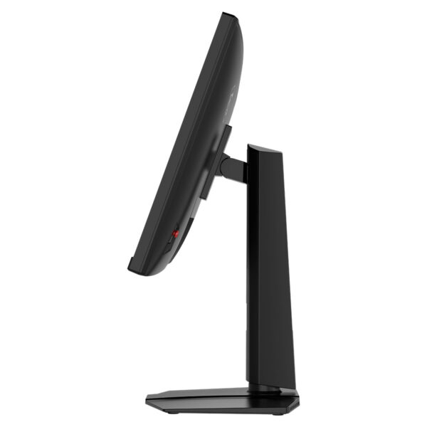 Vista laterale di un monitor per computer nero su supporto, su sfondo bianco.