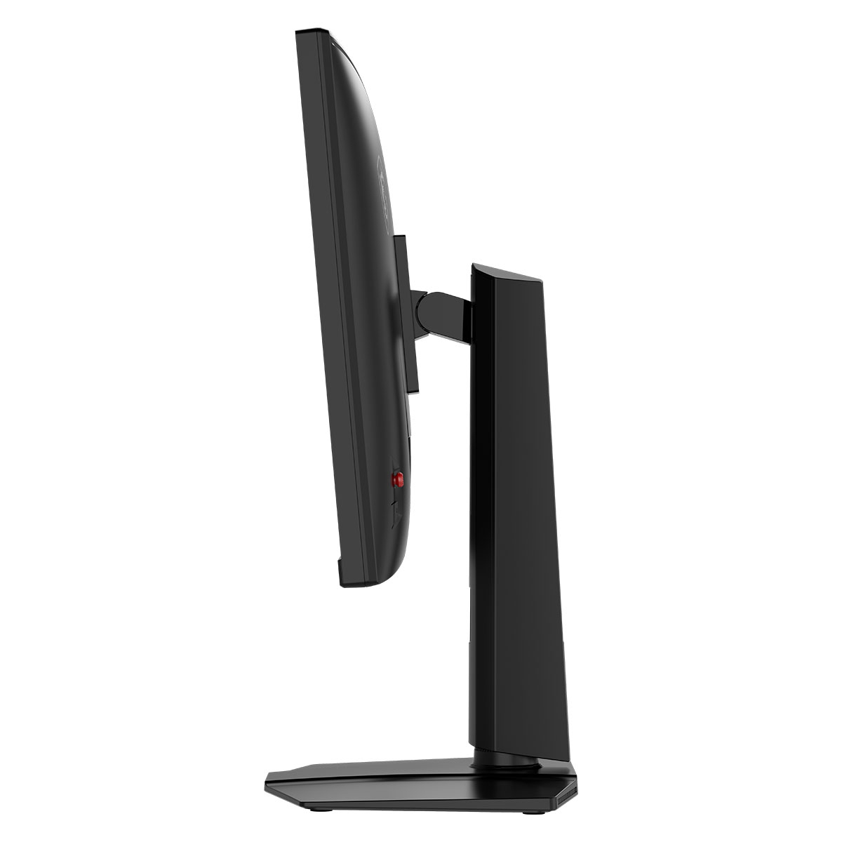 Vista laterale di un monitor nero su supporto con un pulsante rosso.
