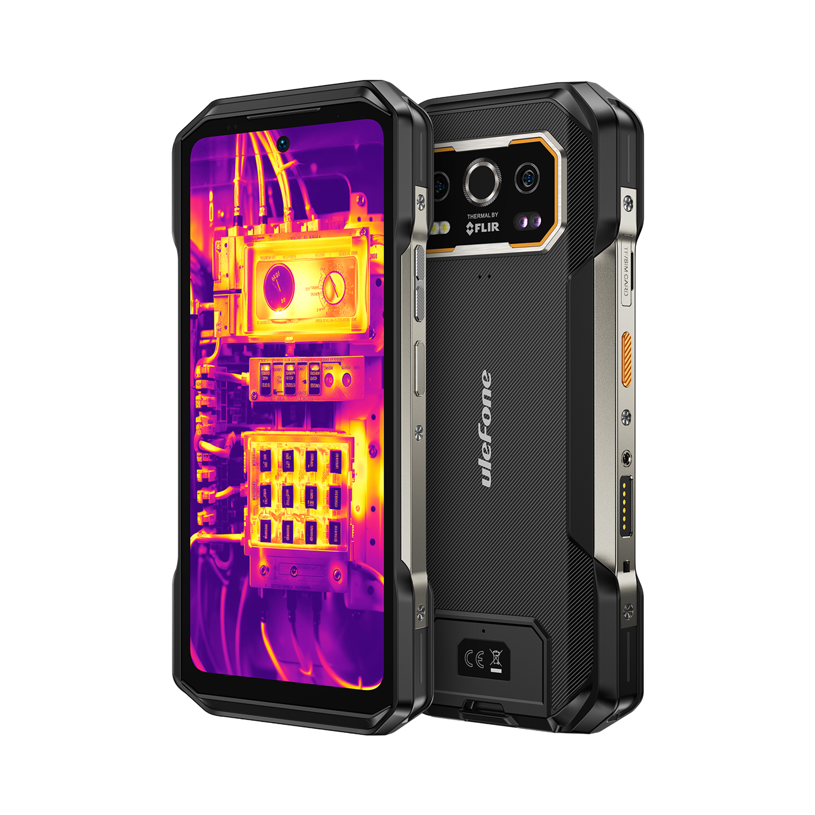 Front- und Rückansicht eines robusten Ulefone-Smartphones mit FLIR-Wärmebildkamera auf dem Display.