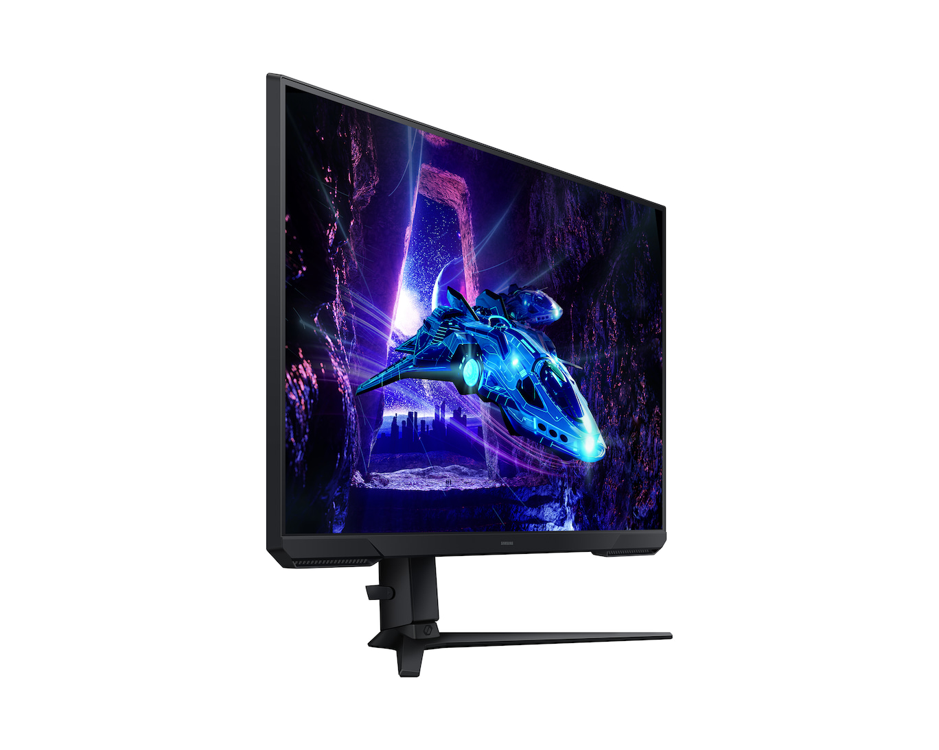 Siyah bir oyun monitörü, neon mavi ve mor tonlarında fütüristik bir uzay gemisi sahnesi gösteriyor.