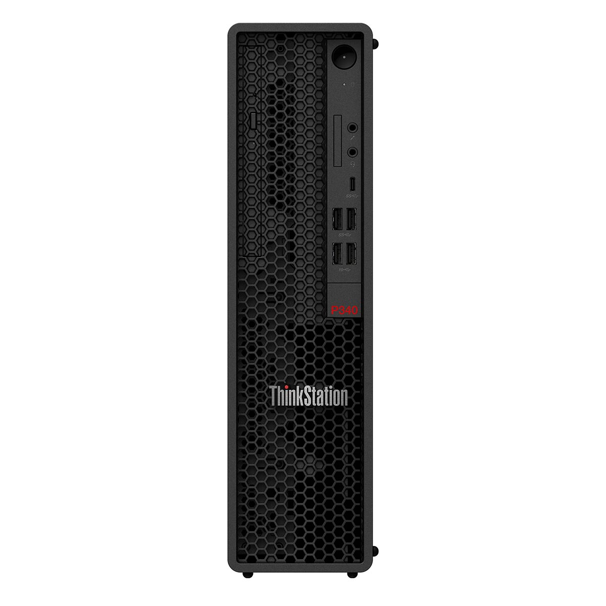 Schwarzes ThinkStation Desktop-Gehäuse im Turmformat mit wabenförmigem Frontgitter und Anschlüssen.