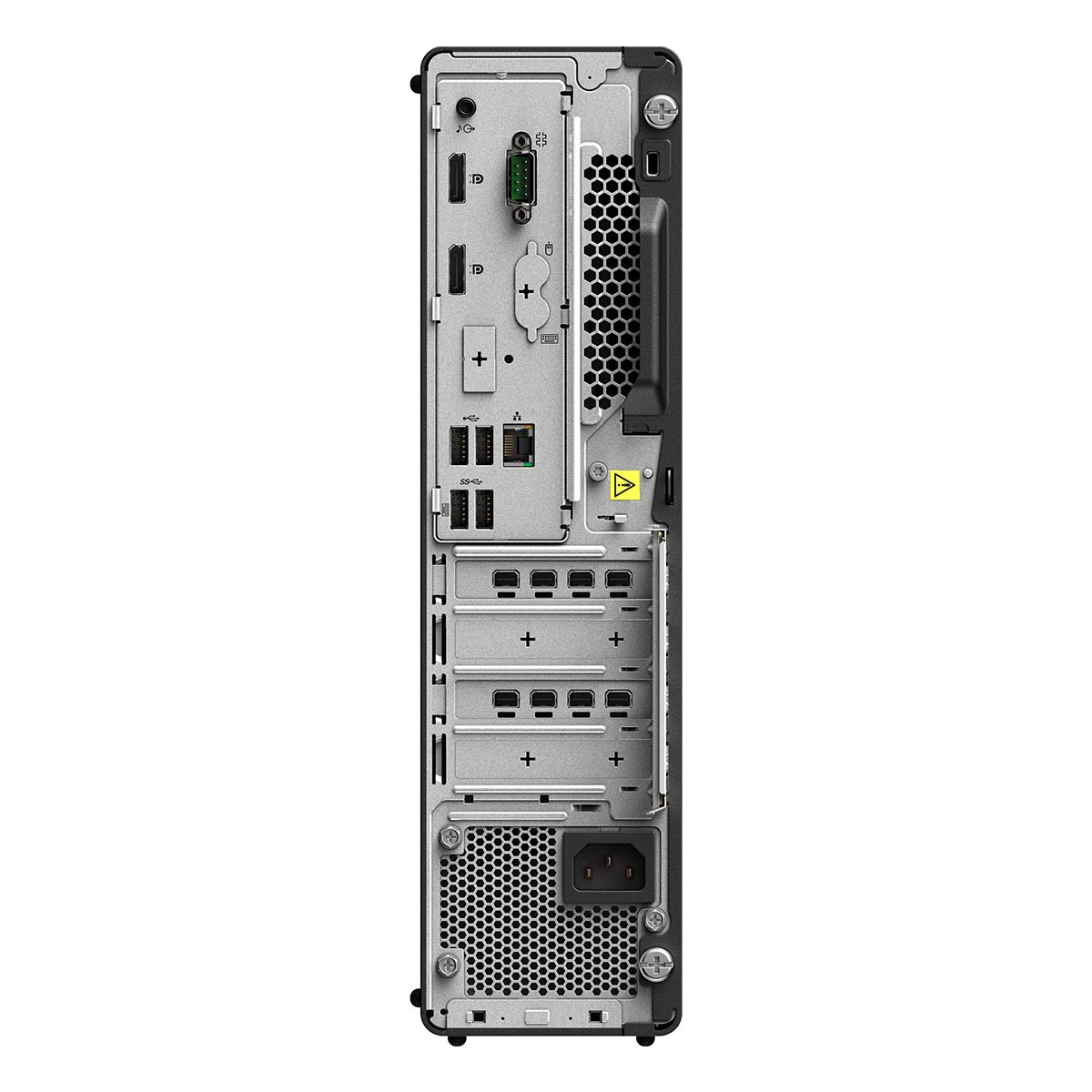 Rückseite eines schwarzen Desktop-Computers mit Anschlüssen, USB-Ports, DisplayPorts und Stromanschluss.