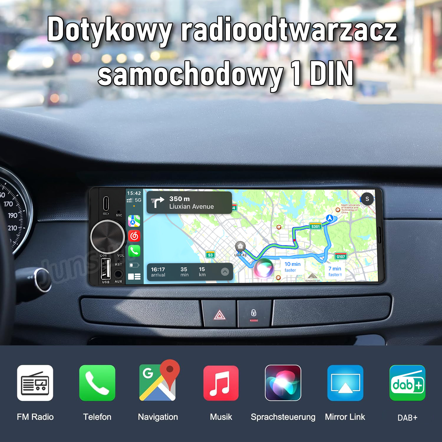 Radio samochodowe 1-DIN z ekranem dotykowym i nawigacją GPS w desce rozdzielczej, z ikonami na dole.