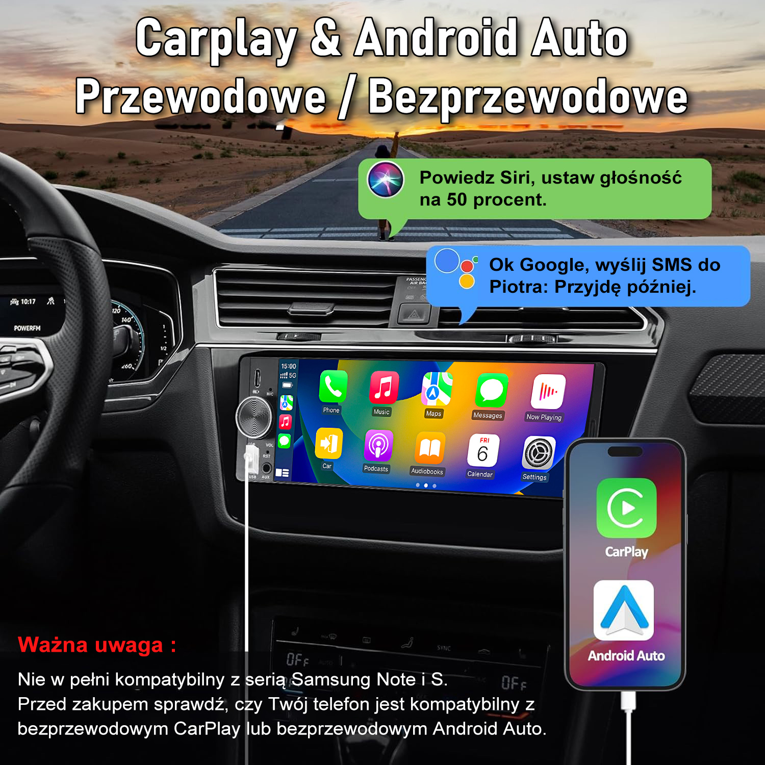 Deska rozdzielcza auta z ekranem dotykowym, aplikacjami CarPlay i Android Auto oraz integracją telefonu.
