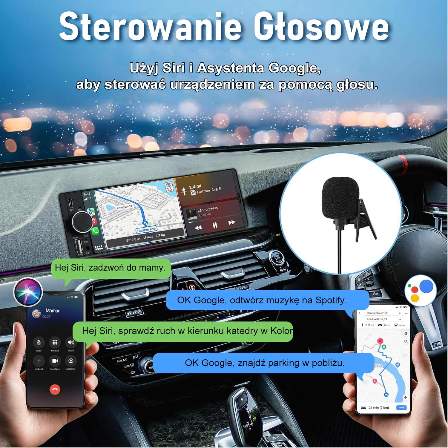 Deska rozdzielcza auta z ekranem, mikrofonem i smartfonami pokazującymi polecenia głosowe.