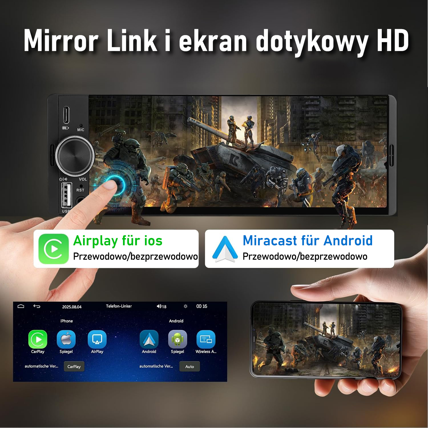 Radio samochodowe i smartfon z grą sci-fi, prezentujące funkcje mirror link i ekranu dotykowego.