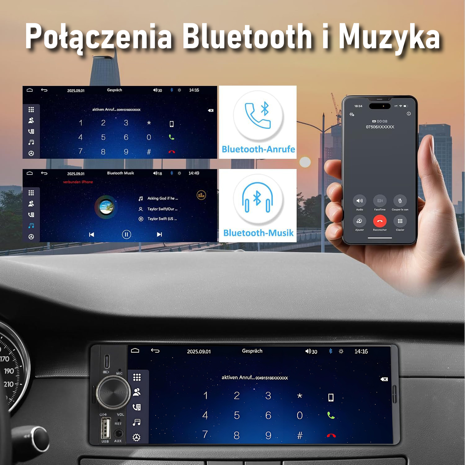 Wnętrze samochodu z dużym ekranem dotykowym pokazującym połączenia i odtwarzanie muzyki Bluetooth.