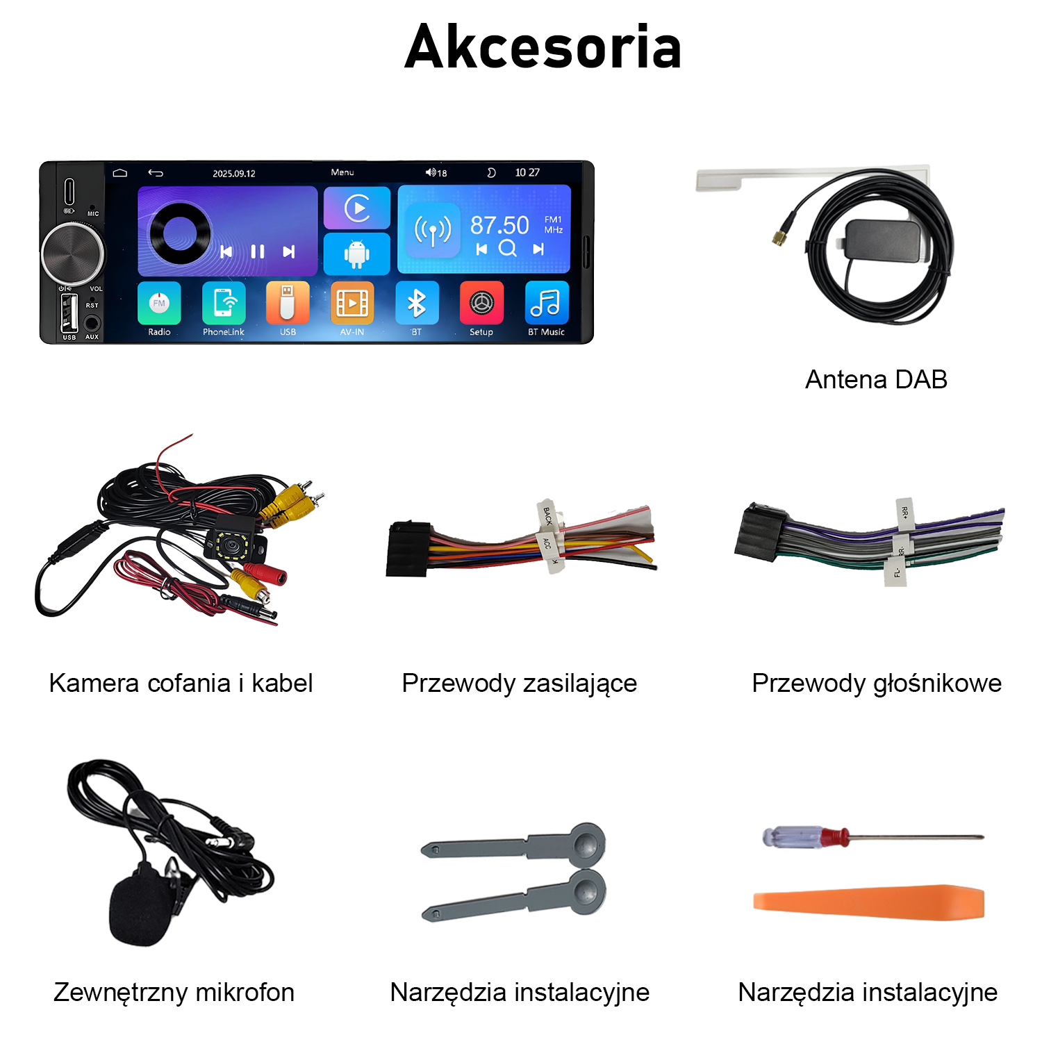 Radio samochodowe z różnymi akcesoriami, takimi jak antena DAB, kamera cofania, kable, mikrofon i narzędzia.