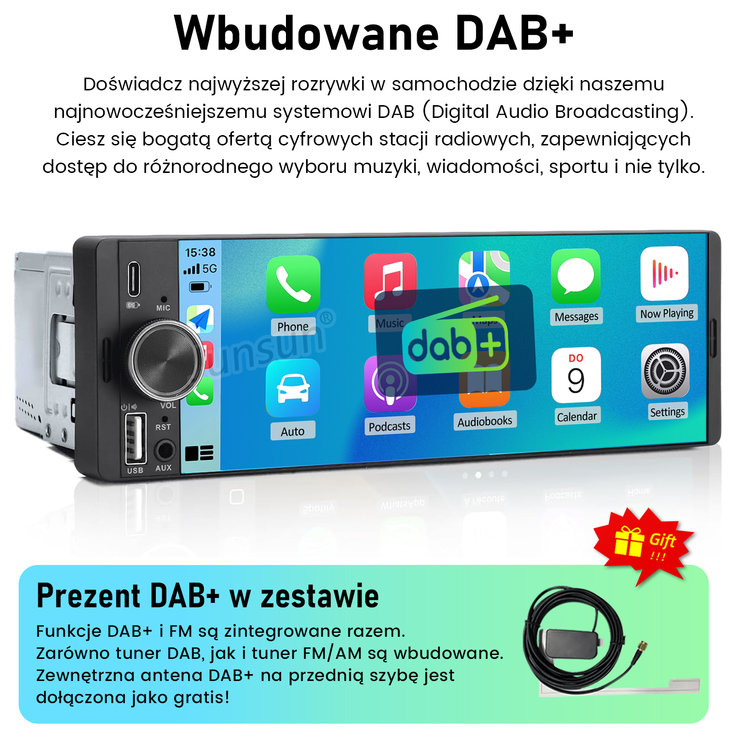 Radio samochodowe z ekranem dotykowym, polskim tekstem, logo DAB+ i anteną poniżej.