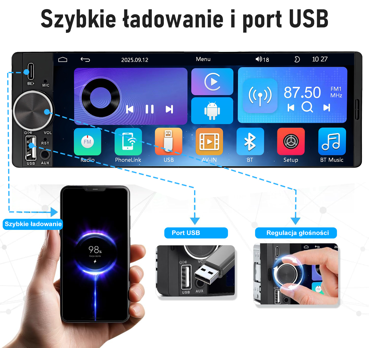 Deska rozdzielcza radia samochodowego z ekranem dotykowym, pokrętłem i portem USB.