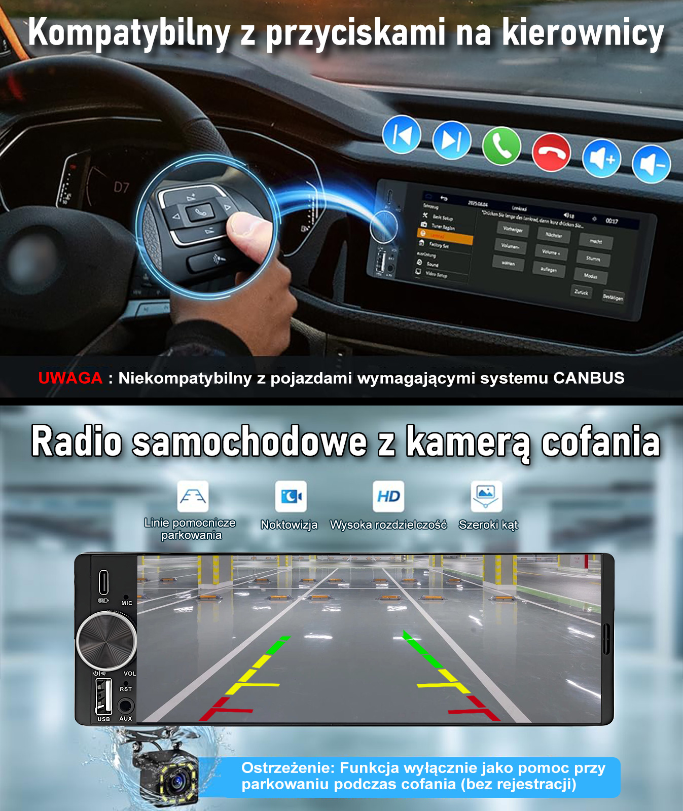 Radio samochodowe z ekranem dotykowym i obsługą przycisków na kierownicy w desce rozdzielczej.