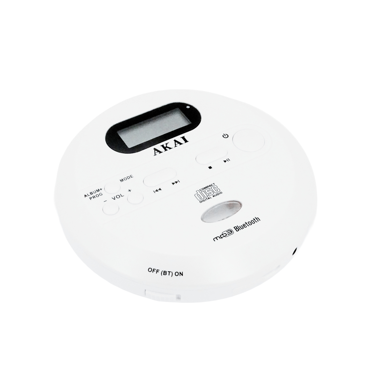 Biały odtwarzacz CD Bluetooth MP3 Akai z cyfrowym wyświetlaczem i przyciskami sterującymi na białym tle.