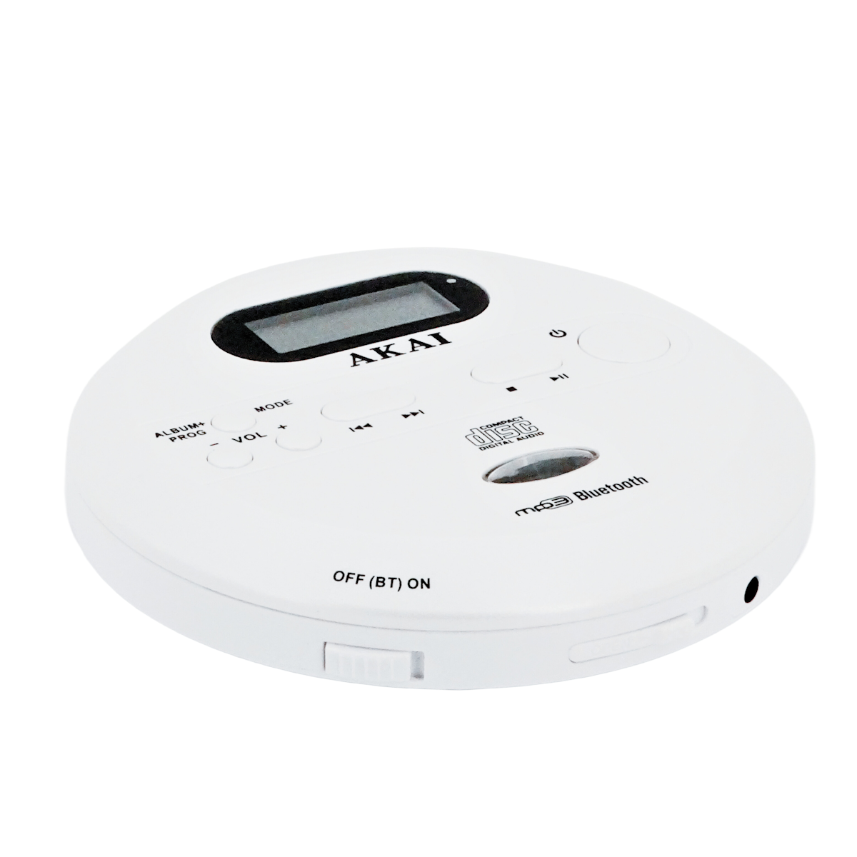 Biały, okrągły odtwarzacz CD Bluetooth Akai z cyfrowym wyświetlaczem i przyciskami sterującymi.