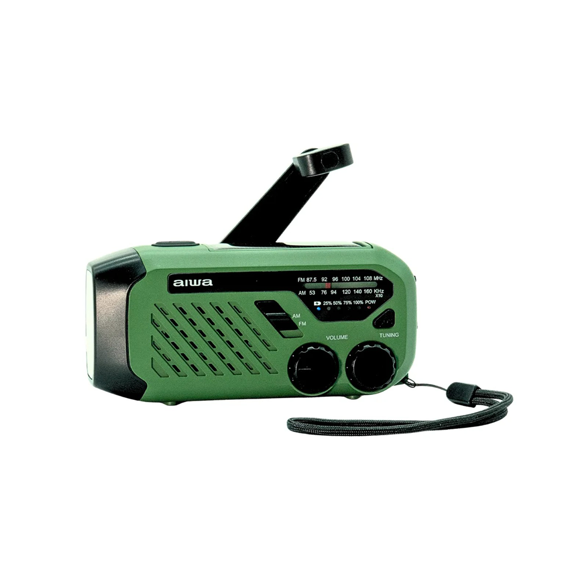 Zielone radio awaryjne Aiwa z korbką, grillem głośnika i elementami sterującymi na białym tle.