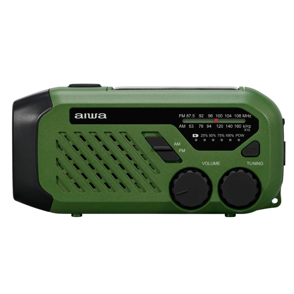 Oliwkowozielone radio awaryjne Aiwa z czarną maskownicą głośnika, skalą AM/FM, pokrętłami głośności i strojenia oraz latarką.