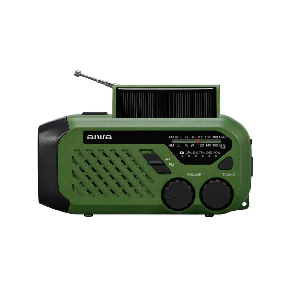 Zielone radio awaryjne Aiwa z panelem słonecznym, anteną, grillem głośnika i pokrętłami analogowymi na białym tle.