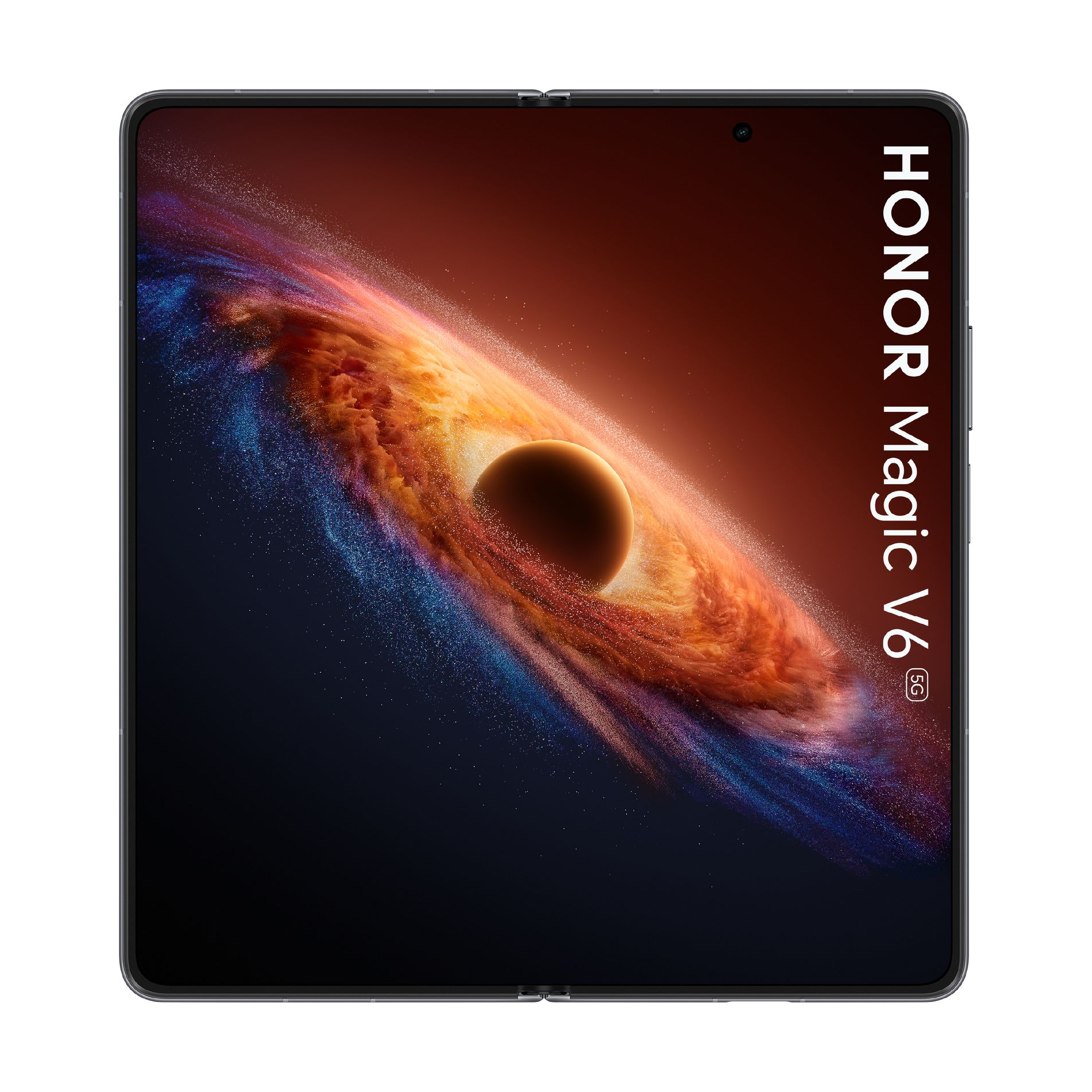 Aufgeklapptes Honor Magic V6 5G Smartphone mit einem farbenfrohen, spiralförmigen Galaxie-Hintergrundbild auf dem Bildschirm.