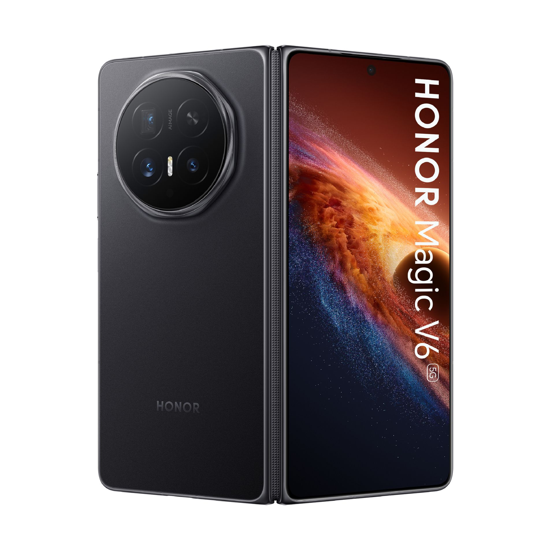 Schwarzes Honor Magic V6 5G Falttelefon mit runder Kamera und farbigem Bildschirm.