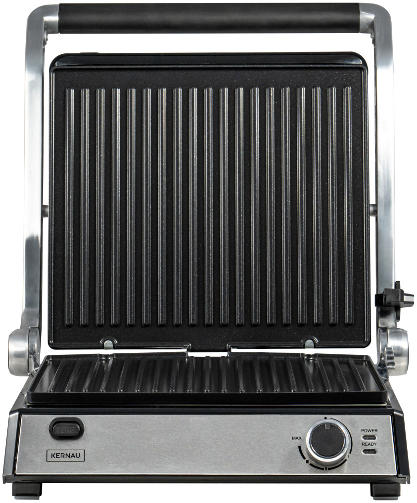 Otwarty elektryczny grill kontaktowy Kernau z żebrowanymi płytami i pokrętłem regulacji temperatury.